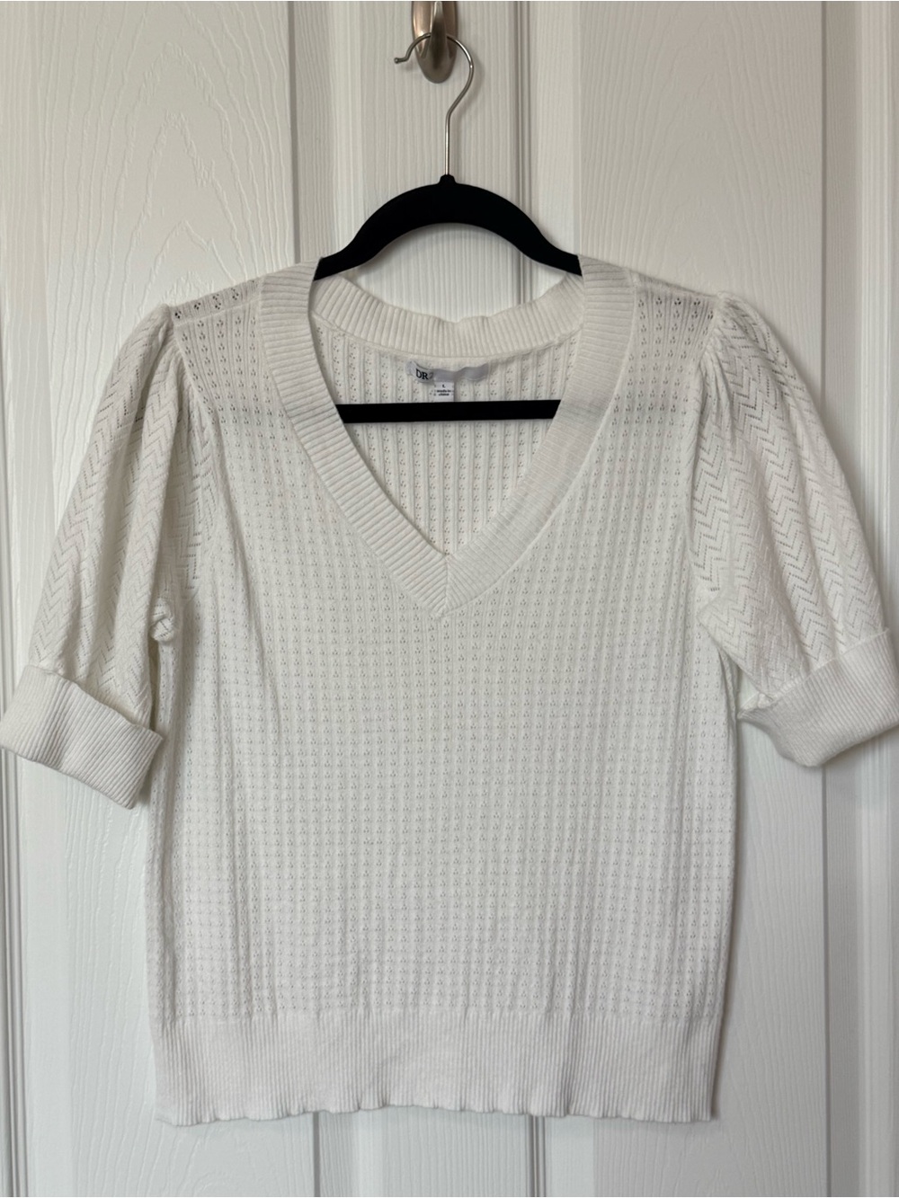 DR2 Cream V-Neck Short Puff Sleeve Knit Sweater